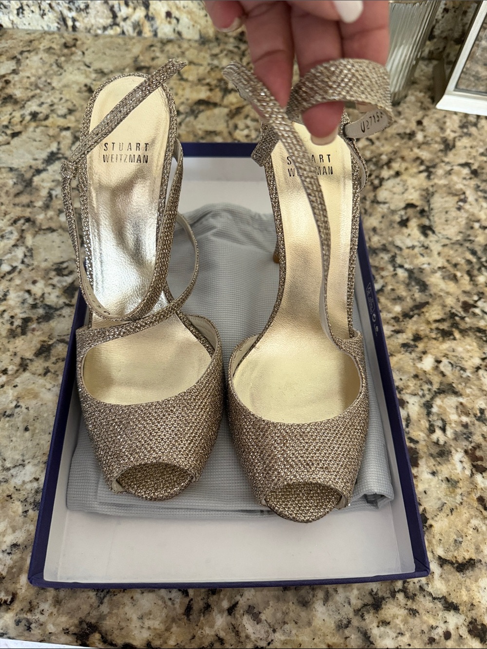 Stuart Weitzman Inviting Metallic Platinum Noir Peep-Toe Ankle-Strap Heels NIB